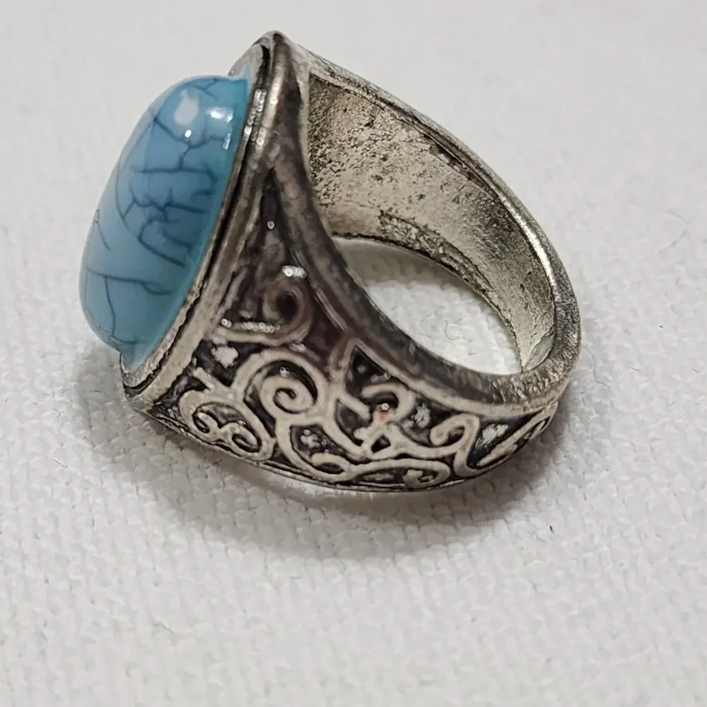 Mens Sz 8 Signet Ring Faux Simulated Turquoise Stainless Steel Ornate Scrollwork